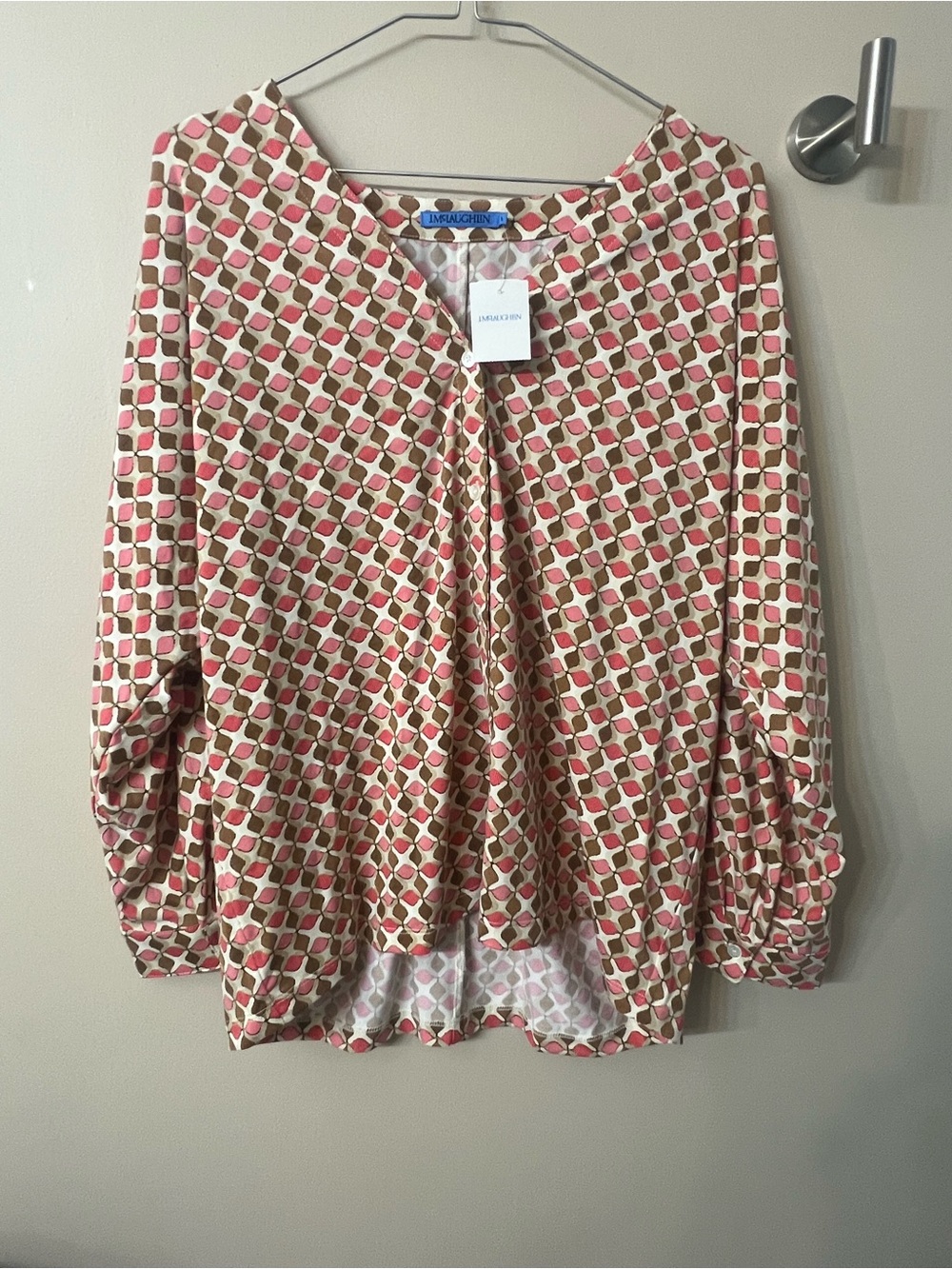 J.McLaughlin Pink Geometric Diamond Print Button Front V-Neck Blouse XL